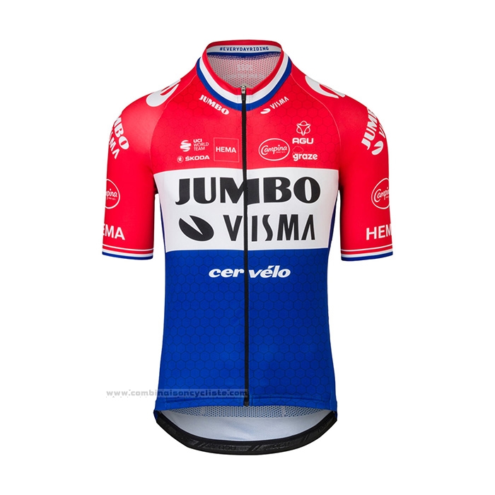 2022 Maillot Cyclisme Jumbo Visma Rouge Blanc Bleu Manches Courtes et Cuissard